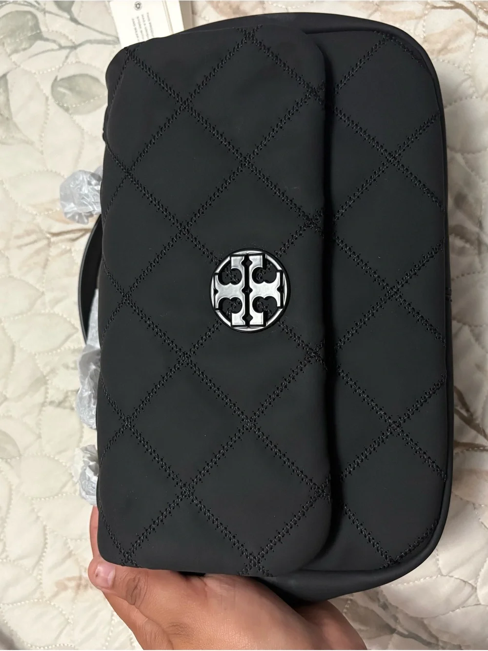 Tory Burch Black Quilted Toiletry Bag with Logo Medallion